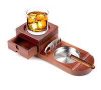 Cigar Ashtray Wooden Set Cuban Cigar Ashtray Cigar Accessories Smoker Cuban Cigar Whiskey Cigar Gift Set with Removable Drawer and Cigar Cutter for Home, Office, Bar (Brown)
