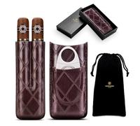Cigar Case for 2 Cigars, Leather Cigar Travel Case with Stainless Steel Cigar Cutter, Portable Cigar Humidors with Velvet Bag and Gift Box, Brown, Cherry colour, Classic