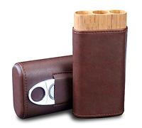 Cigar Case, Portable 3-Finger Cigar Humidor, Travel Leather Cigar Box with Stainless Cigar Cutter, Cedar Wood Lined, for Cigar Aficionados Home Use or Travels (Color : Coffee color)