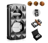 Cigar Cutter Stainless Steel 4-in-1,Double Blade Guillotine, V-Cutter, Cigar Punch, Cigar Holder with Pattern Finish, Gift Box Included (Black)