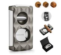 Cigar Cutter Stainless Steel 4-in-1,Double Blade Guillotine, V-Cutter, Cigar Punch, Cigar Holder with Pattern Finish, Gift Box Included (Grey)