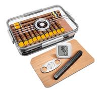 Cigar Humidor Acrylic Box Portable with Cigar Accessories Kit, Hygrometer, Humidifier, Cigar Cutter &Cedar Wood Slice, Clear Cigar Airtight Desktop Storage Case, Can Hold About 20-30 Cigars(Small)