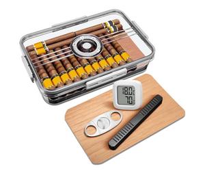 Cigar Humidor Acrylic Box Portable with Cigar Accessories Kit, Hygrometer, Humidifier, Cigar Cutter &Cedar Wood Slice, Clear Cigar Airtight Desktop Storage Case, Can Hold About 20-30 Cigars(Small)
