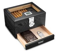 Cigar Humidor, Cedar Wood Humidor with Digital Hygrometer Humidifier and Safety Lock, Cigar Accessories Drawer, Gold-Plated Hardwares Sealing Humidor Box Cabinet for Men, Large Capacity (black)