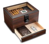 Cigar Humidor, Cedar Wood Humidor with Digital Hygrometer Humidifier and Safety Lock, Cigar Accessories Drawer, Gold-Plated Hardwares Sealing Humidor Box Cabinet for Men, Large Capacity (dark brown)