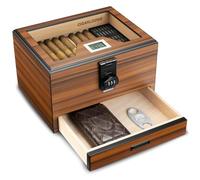 Cigar Humidor, Cedar Wood Humidor with Digital Hygrometer Humidifier and Safety Lock, Cigar Accessories Drawer, Gold-Plated Hardwares Sealing Humidor Box Cabinet for Men, Large Capacity (Light brown)