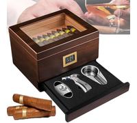 Cigar Humidor,Double Capacity for 50-60 Cigars,Drawer Design,Cedar Wood,Digital Hygrometer,Visual Glass,Ashtray with Lighter,Cigar Cutter,Suitable for Home Office Kitchen,Silver