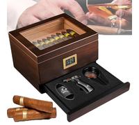 Cigar Humidor,Double Capacity for 50-60 Cigars,Drawer Design,Cedar Wood,Digital Hygrometer,Visual Glass,Ashtray with Lighter,Cigar Cutter,Suitable for Home Office Kitchen,Black