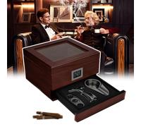 Cigar Humidor, Glass Top Desktop Cigar Box, Handcrafted Cedar Wood Cigar Humidor Box with Front Digital Hygrometer, Accessory Drawer Gift for Cigar Lover