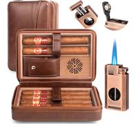 Cigar Humidor, Leather Cedar Wood Cigar Case, Travel Cigar Case with Cigar Lighter, Humidifier, Cigar Cutter, Cigar Punch 3-in-1 | Portable Travel Cigar Humidor, Cigar Accessories Set for Men