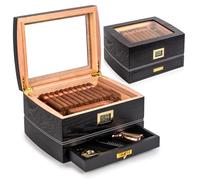 Cigar Humidors, Cedar Wood Humidor with Digital Hygrometer, Drawers, Humidifiers and Gold-Plated Hardwares. Cigar humidor Cabinet for Men Husband Father, 75 Cigars Capacity Black Color