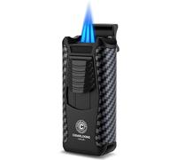 Cigar Lighter 5 in 1 Multi-Functional with Straight Cigar Cutter & Puncher & Cigar Rest Holder & Cigars Needle 3 Jet Torch Flame Refillable Windproof Alloy Lighter (black)