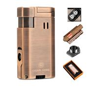 Cigar Lighter with Twin Jet Flame, Windproof Lighter Gas Refillable, Lighter with Cigar Punch and Cigar Holder, Gift Box, No Gas (Rose Gold)