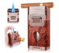 Cigar Torch Lighter with V-Cut Cigar Cutter and Cigar Holder, Refillable Cool Lighter with Visible Gas Window, Adjustable Dual Windproof Jet Flame(Gold)