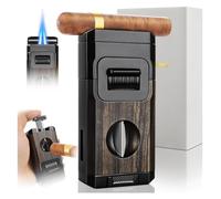 Cigar Torch Lighter with V-Cut Cigar Cutter and Cigar Holder, Refillable Cool Lighter with Visible Gas Window, Adjustable Dual Windproof Jet Flame(Black)