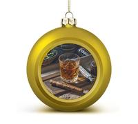 Cigar & Whiskey Christmas Ball Ornament - 2.4 Inch Shatterproof Plastic Xmas Tree Decorations, Golden Christmas Tree Decor Hanging Ball for Holiday Wedding Party Decor