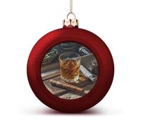Cigar & Whiskey Christmas Ball Ornament - 2.4 Inch Shatterproof Plastic Xmas Tree Decorations, Red Christmas Tree Decor Hanging Ball for Holiday Wedding Party Decor