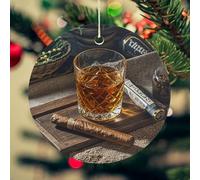 Cigar & Whiskey Christmas Ceramic Ornaments with Gold String - 2.8 Inch Round Double-Sided Porcelain Xmas Tree Decor for Fireplace Mantel, Farmhouse Winter Holiday Hanging Ornaments