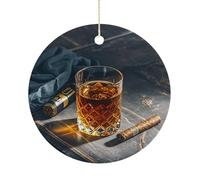 Cigar & Whiskey Christmas Ornament Round Ceramic Decorations Xmas Porcelain Tree Hanging Ornaments Xmas Tree Decoration Gifts for Women Family House Warming Keepsake