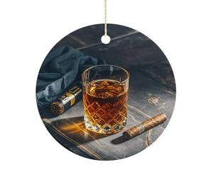 Cigar & Whiskey Christmas Ornament Round Ceramic Decorations Xmas Porcelain Tree Hanging Ornaments Xmas Tree Decoration Gifts for Women Family House Warming Keepsake