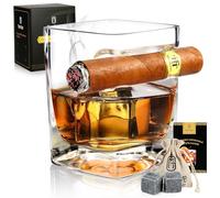 Cigar Whiskey Glass with Cigar Holder - 12oz Old Fashioned Glass with Side Mounted Rest - Bourbon Glass Cigar Accessories with Whiskey Stones and Recipe, for Men/Husband