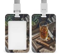 Cigar & Whiskey ID Badge Holder Clear Badge Protectors with Detachable Lanyard Strap Vertical Hard Plastic Sleeve Secures Work ID Card Credit Cards for Office Factory