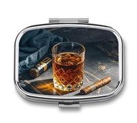 Cigar & Whiskey Pill Box 2 Compartment Portable Pill Case Daily Square Pill Organizer for Pocket Purse Daily Medicine Container to Hold Vitamins Fish Oil Travel Gifts