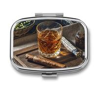 Cigar & Whiskey Pill Box 2 Compartment Small Pill Case for Purse Or Pocket Mini Metal Pillcase Medicine Organizer, Square Daily Medicine Container to Hold Vitamins, Fish Oil