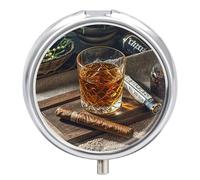 Cigar & Whiskey Pill Box 3 Compartment Small Pill Case for Purse Or Pocket Mini Metal Pillcase Medicine Organizer, Round Daily Medicine Container to Hold Vitamins, Fish Oil