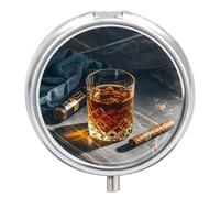 Cigar & Whiskey Pill Box 3 Compartment Waterproof Pill Case with Mirror Round Container Metal Medicine Box Organizer Portable Vitamin Case for Pocket & Purse Travel