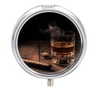 Cigar & Whiskey Pill Box Cute Round Small Pill Organizer Portable with 3 Compartments Travel Metal Pill Case for Pocket Or Purse Privacy Protecting Medicine Box