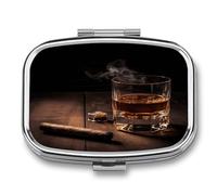 Cigar Whiskey Pill Box with 2 Compartments, Decorative Metal Pocket Pill Case or Wallet Portable Medicine Box Organizer for Vitamins and Fish Oils