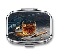 Cigar & Whiskey Pill Case 2 Compartments Travel Pill Organizer for Pocket Small Pill Box Portable Pill Container Metal Medication Holder to Hold Vitamin Fish Oil Supplement