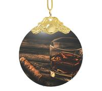 Cigar & Whiskey Print Christmas Hanging Ornament, Glass Round Pendant For Xmas Tree Festive Holiday Home Decor