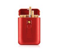 Cigarette Boxes with Lighter,Windproof Anti-crushed Metal Lighter Cigarettes Case,USB rechargeable Flameless Lighter Tobacco Pack Tools for Smoker,Red