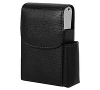 Cigarette Case Holds 20, PU Leather Metal Pocket Carrying Cigarette Box Holder with Lighter Pocket for Men and Women Unisex (Black)