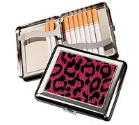 Cigarette Case Pink Leopard print Box organizers, crush proof Double Sided Spring Clip Open, Metal Pocket Holder Hold 20 Pieces Regular Cigarettes, and can Hold Credit Cards and Money(A)