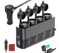 Cigarette Lighter Splitter Charger 300W 4 Sockets 12V Adapter with Dual PD 36W and QC3.0 USB C Multiport and Independent Switch & Dust Cover & Voltmeter for