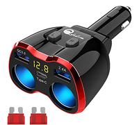 Cigarette Lighter Splitter Quick Charger 3.0, Qidoe 2-Socket Car Splitter Quick Charge 3.0 & USB C Car Charger 80W 12V/24V DC Outlet with LED Voltmeter for GPS, Dash Cam, Sat Nav, Phone, iPad, Table