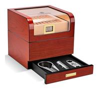 CIGARLOONG 4 in 1 Cigar Humidor Set Cutter Lighter Ashtray Large Cedar Wood Partitioned Storage Box with Drawer Hygrometer Humidifier Bright Red Without Gas