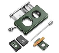 CIGARLOONG 5 in 1 Cigar Cutter Guillotine Straight Cut, V Cutter, Cigar Punch, Holder and Draw Enhancer, Stainless Steel Double Blade Cigars Clippers, Gifts for Men (Green)