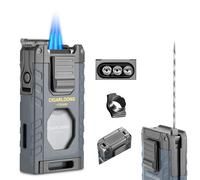 CIGARLOONG 6-in-1 Cigar Lighter, Hidden Cigar Drill and Cigar Needle,3 Jet Flame Torch Lighter with Flat Blade and Holder,Gift Box Packaging Suitable for Men's Gifts (grey), without Gas