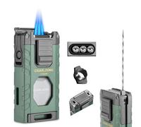 CIGARLOONG 6-in-1 Cigar Lighter, Hidden Cigar Drill and Cigar Needle,3 Jet Flame Torch Lighter with Flat Blade and Holder,Gift Box Packaging Suitable for Men's Gifts (green), without Gas