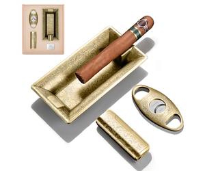 CIGARLOONG Cigar Accessories Set with a Large-Caliber Smoke Slot Cigar Ashtray and a Direct Jet Flame Lighter, Straight Cigar Cutter,Making It Suitable As a Gift for Men(Without Gas) (golden)