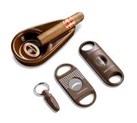CIGARLOONG Cigar Ashtray and Cigar Cutter Set,Portable Ceramic Ashtray with Cigar Guillotine,Cigar V-Cutter and Cigar Punch,Cigar Accessories Set,Gift for Men (Brown)