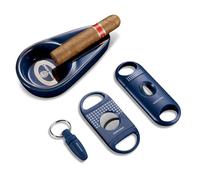 CIGARLOONG Cigar Ashtray and Cigar Cutter Set,Portable Ceramic Ashtray with Cigar Guillotine,Cigar V-Cutter and Cigar Punch,Cigar Accessories Set,Gift for Men (Blue)