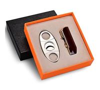CIGARLOONG Cigar Cutter and Lighter Set Double Blade Simple Cigar Guillotine and 3 Jet Torch Blue Flames Refillable Lighter, Gift for Men (Cherry)