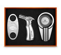 CIGARLOONG Cigar Cutter and Lighter Set Double Blade Simple Cigar Guillotine and 4 Jet Torch Flames Refillable Lighter wtih Zinc Alloy Ashtray