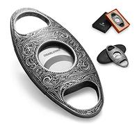 CIGARLOONG Cigar Cutter Stainless Steel Bronze Engraved Double Cut Blade Cigar Guillotine (Color:Silver1