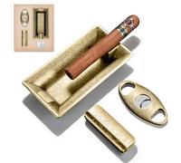 CIGARLOONG Cigar Cutter Torch Lighter Ashtray Set, 3-in-1 Cigar Accessories Kit with Straight Cut Blade & Jet Flame Windproof Lighter, Large-Caliber Ashtray Gift for Men (Gas Not Included) (golden)